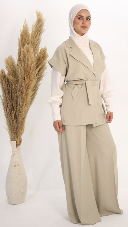 The Beige Belted Vest & Trouser Set