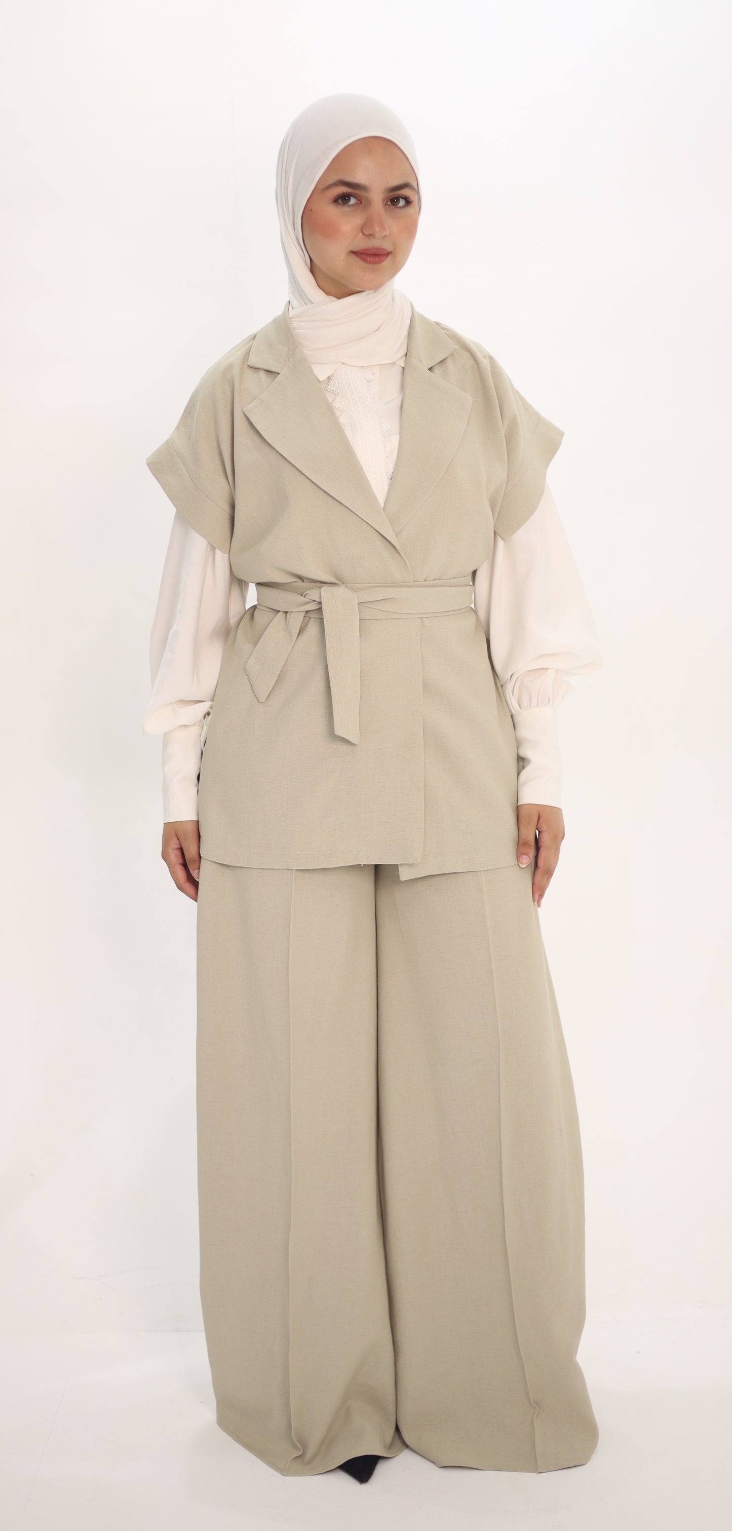 The Beige Belted Vest & Trouser Set