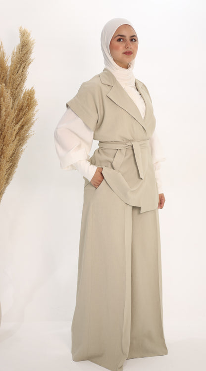 The Beige Belted Vest & Trouser Set