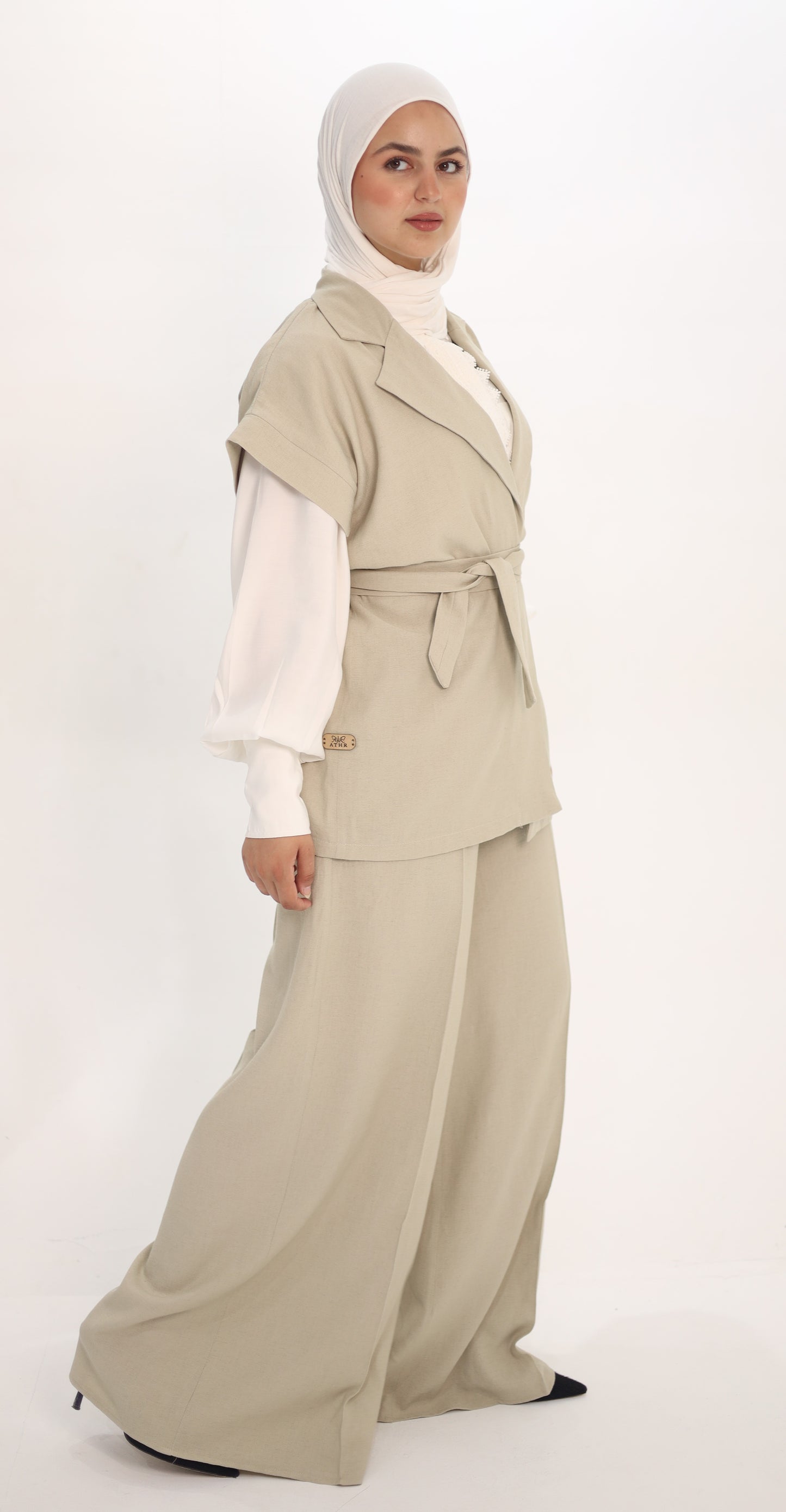 The Beige Belted Vest & Trouser Set
