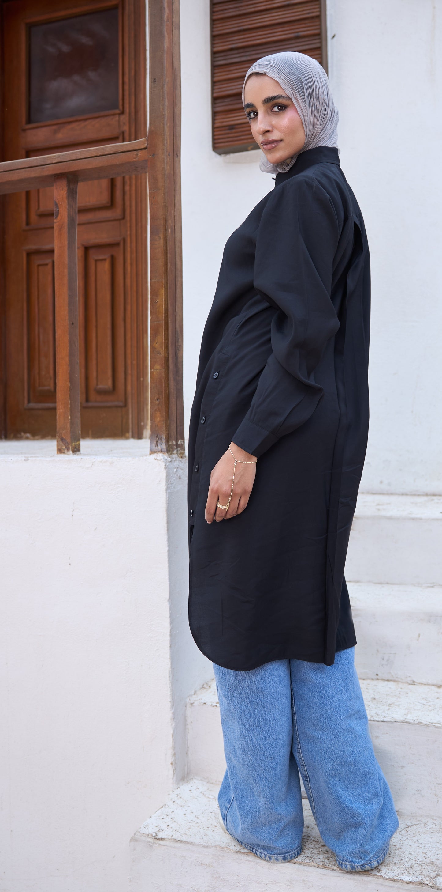Cotton Longline Side-Button Shirt