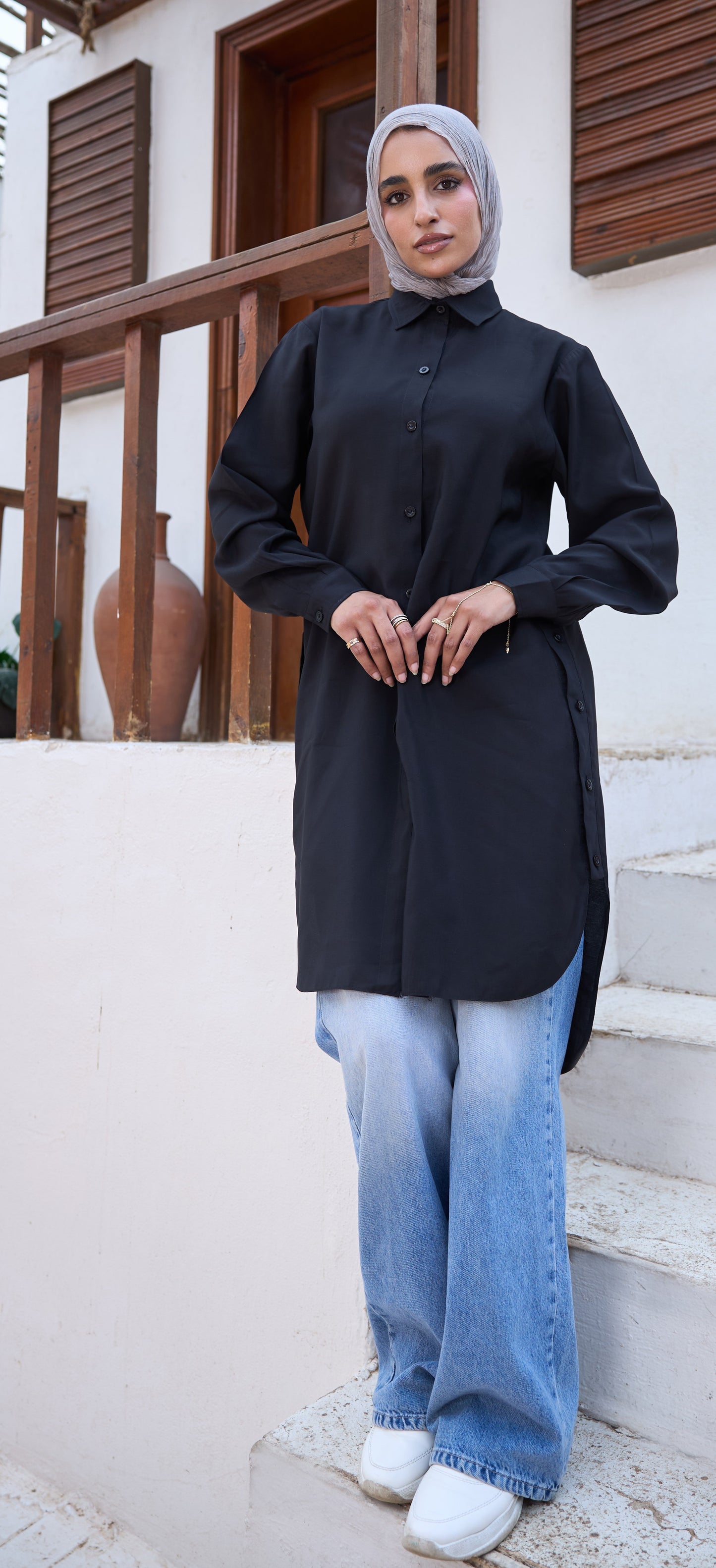 Cotton Longline Side-Button Shirt