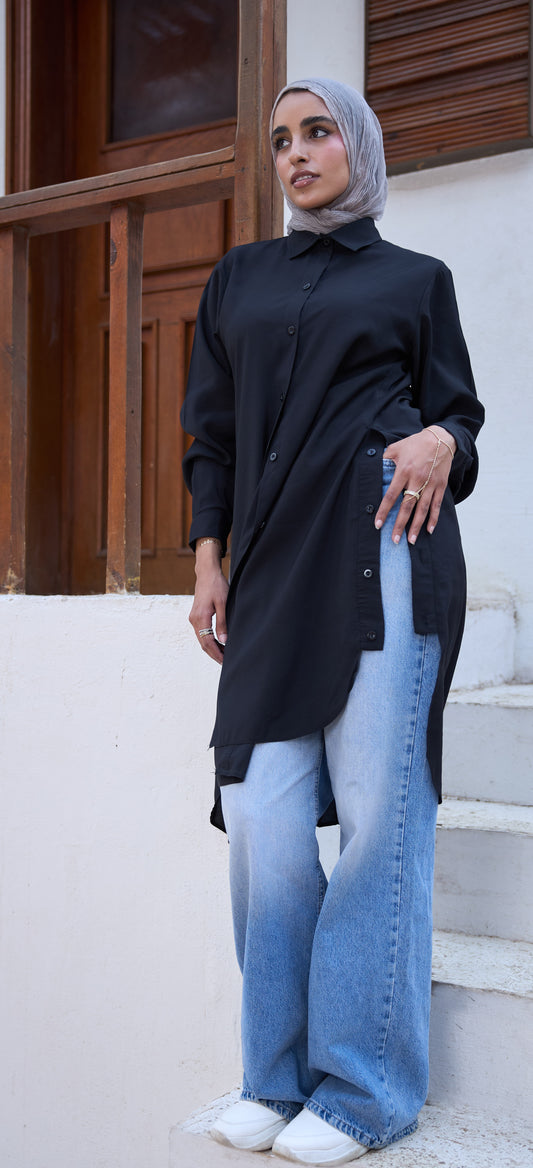 Cotton Longline Side-Button Shirt