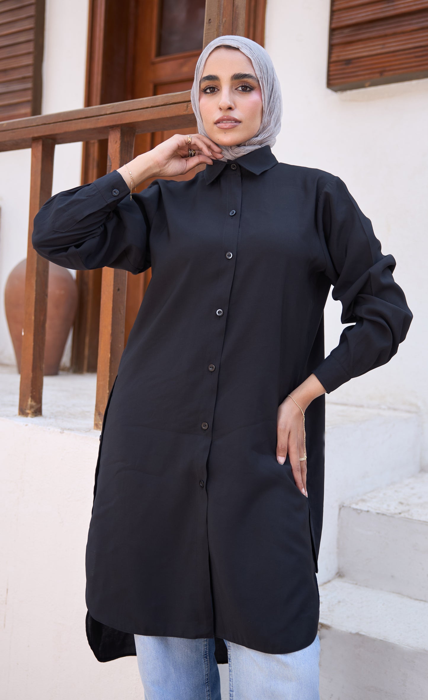 Cotton Longline Side-Button Shirt